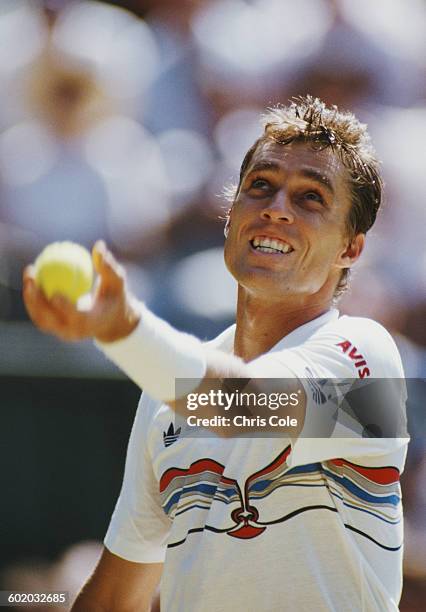 Ivan Lendl of the United States serves to Pat Cash during their Men's Singles Final of the Wimbledon Lawn Tennis Championship on 5 July 1987 at the...