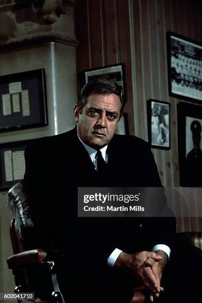 Actor Raymond Burr, plays the role of Chief of Detectives Robert T. Ironside, during the filming of "Ironside" circa 1975 in Los Angeles, California.