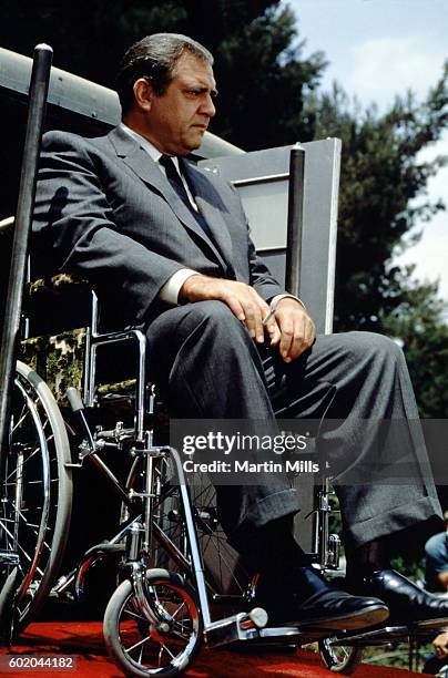 Actor Raymond Burr, plays the role of Chief of Detectives Robert T. Ironside, during the filming of "Ironside" circa 1975 in Los Angeles, California.