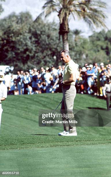 Vice President Spiro Agnew plays golf during the Bob Hope Desert Golf Classic on February 13, 1971 in Palm Springs, California.