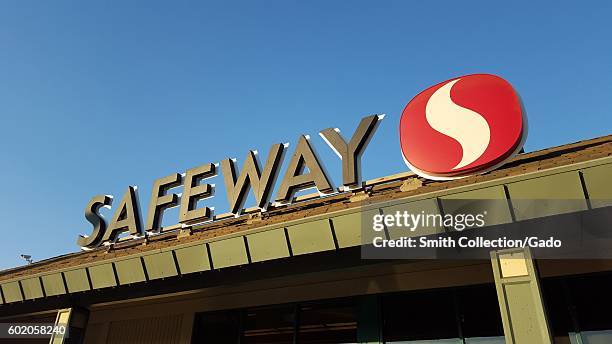 Signage with logo for Safeway supermarkets, September, 2016. .