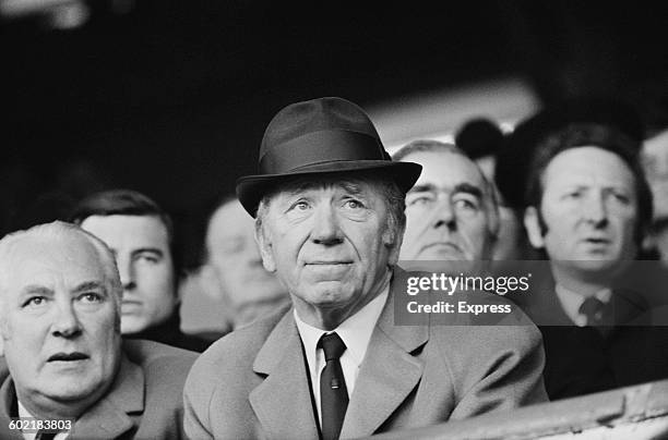 Manchester United manager Matt Busby watches his team in action against Chelsea in a League Division One match, UK, 9th January 1971.