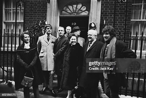 An actors' demonstration over the Industrial Relations Bill at 10 Downing Street, London, 12th January 1971. From eft to right, Equity members Dame...