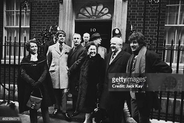 An actors' demonstration over the Industrial Relations Bill at 10 Downing Street, London, 12th January 1971. From eft to right, Equity members Dame...