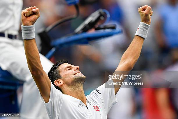 Novak Djokovic of Serbia celebrates victory against Gael Monfils of France against during their Men's Singles Semifinal Match of the 2016 US Open at...