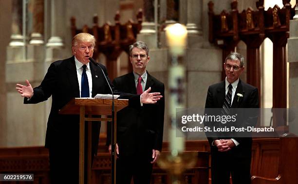 Donald Trump speaks before the funeral for Eagle Forum founder Phyllis Schlafly at Cathedral Basilica of St. Louis on Saturday, Sept. 10, 2016.