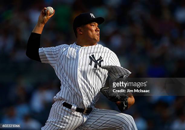 Masahiro Tanaka of the New York Yankees pitches in the first inning against the Tampa Bay Rays at Yankee Stadium on September 10, 2016 in the Bronx...