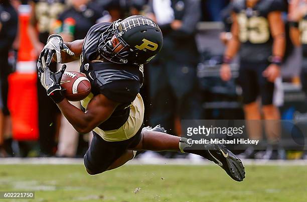 Aloyis Gray of the Purdue Boilermakers attempts to catch the ball that eventually fell incomplete against the Cincinnati Bearcats at Ross-Ade Stadium...