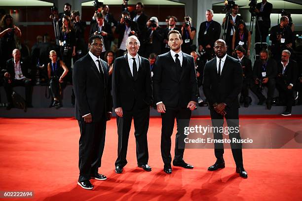 Denzel Washington, guest, Chris Pratt and Antoine Fuqua attend the premiere of "The Magnificent Seven' during the 73rd Venice Film Festival at Sala...