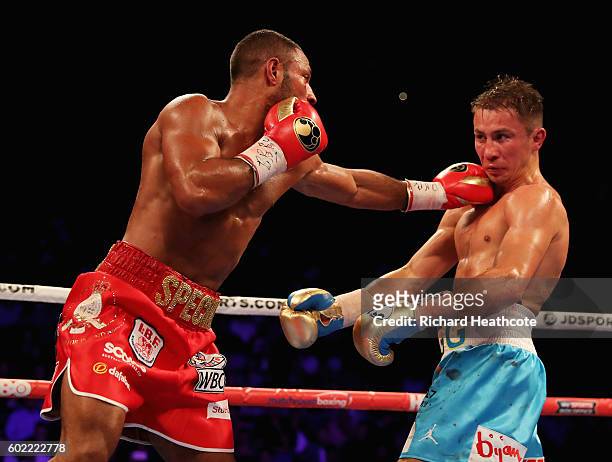 Gennady Golovkin and Kell Brook in action during their World Middleweight Title contest at The O2 Arena on September 10, 2016 in London, England.