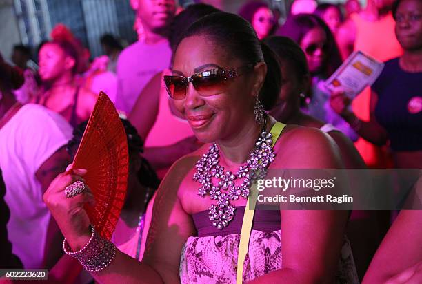 Guest attends the 2016 Essence Street Style Block Party - Show at DUMBO on September 10, 2016 in Brooklyn Borough of New York City.