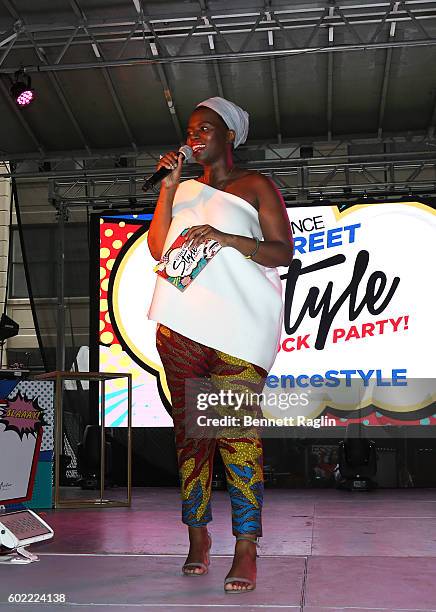 Deputy editor at ESSENCE.com Yolanda Sangweni speaks on stsage during the 2016 Essence Street Style Block Party at DUMBO on September 10, 2016 in...