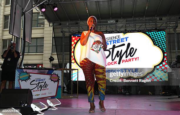 Deputy editor at ESSENCE.com Yolanda Sangweni speaks on stsage during the 2016 Essence Street Style Block Party at DUMBO on September 10, 2016 in...