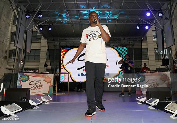 Tunez speaks on stage during the 2016 Essence Street Style Block Party - Show at DUMBO on September 10, 2016 in Brooklyn Borough of New York City.