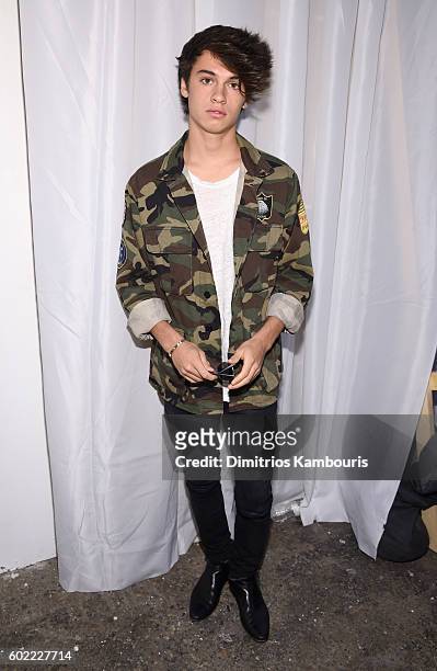 Dylan Jagger Lee poses backstage at the Christian Siriano fashion show during New York Fashion Week: The Shows at ArtBeam on September 10, 2016 in...