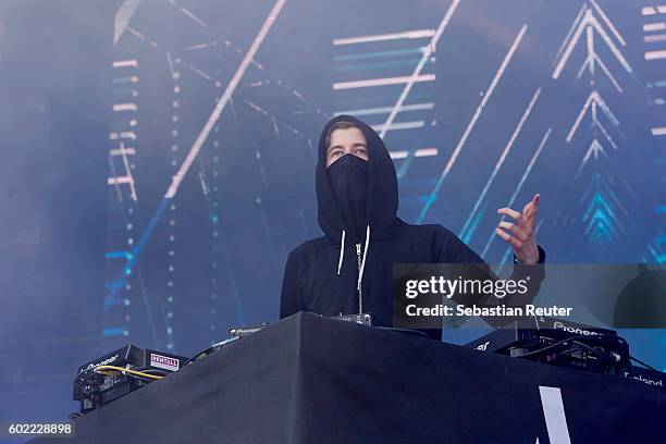 Alan Walker performs live on stage during the first day of the Lollapalooza Berlin music festival at Treptower Park on September 10, 2016 in Berlin,...