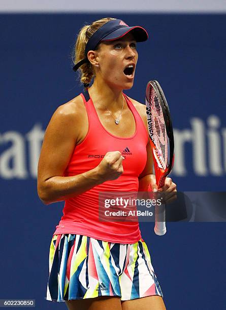 Angelique Kerber of Germany reacts against Karolina Pliskova of the Czech Republic during their Women's Singles Final Match on Day Thirteen of the...