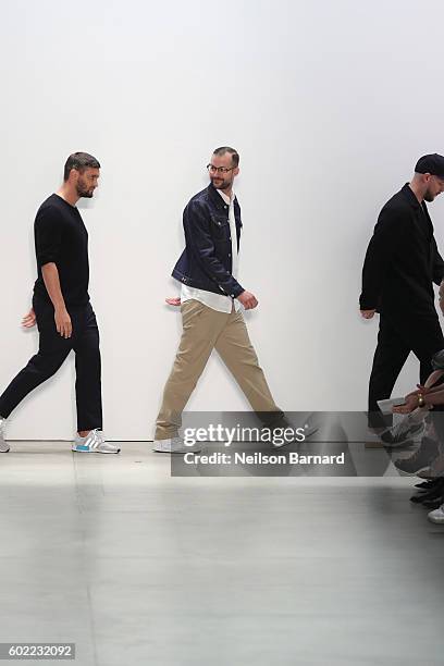 Designers Matthias Weber, Florian Feder and Niklaus Hodel walk the runway at Band Of Outsiders fashion show during New York Fashion Week: The Shows...