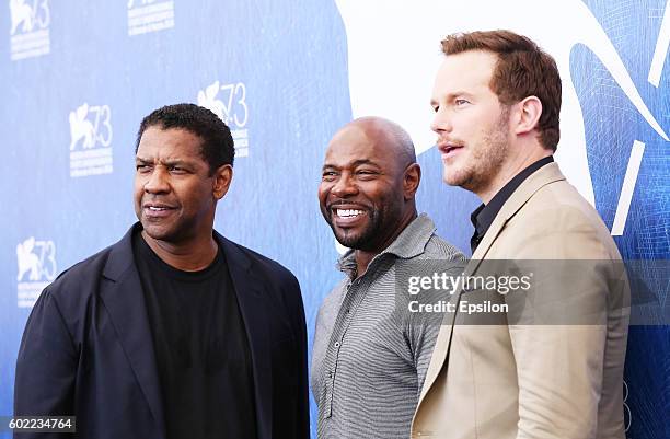 Actor Denzel Washington Director Antoine Fuqua and Actor Chris Patt attend the photocall for 'The Magnificent Seven' during the 73rd Venice Film...