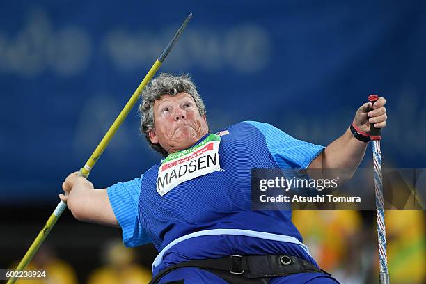 Angela Madsen of the USA competes in the women's javelin throw - F56 final on day 3 of the Rio 2016 Paralympic Games at Olympic stadium on September...