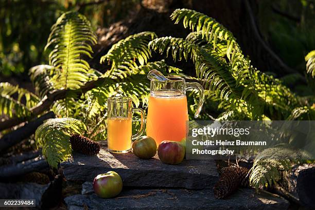 cider jug with glass on a granite slab in the evening sun - heinz baumann stock-fotos und bilder