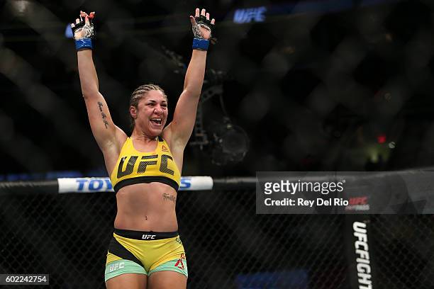 Bethe Correia celebrates his victory over Jessica Eye during the UFC 203 event at Quicken Loans Arena on September 10, 2016 in Cleveland, Ohio.