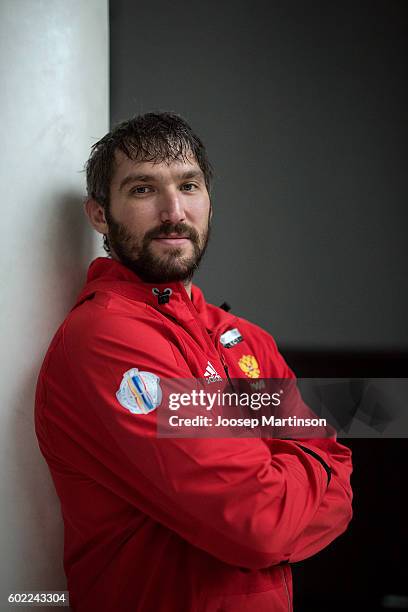 Alex Ovechkin of Team Russia poses for a photo after Team Russia training prior to World Cup Of Hockey 2016 session at Yubileyny Sports Palace on...