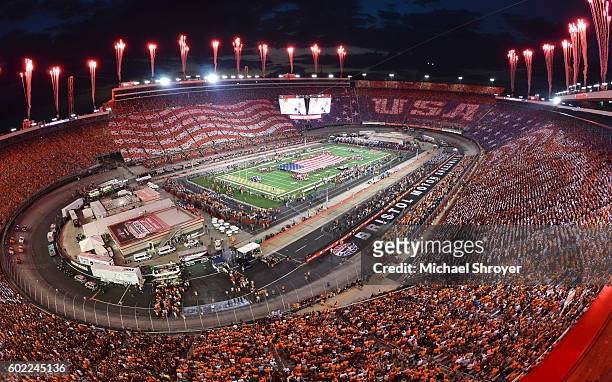 General view of Bristol Motor Speedway during the national anthem of the game between the Virginia Tech Hokies and the Tennessee Volunteers on...