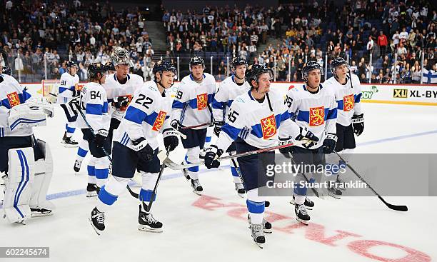 The players of Finland celebrate at the end of the World Cup of Hockey game between Finland and Sweden at the Hartwell Areena on September 8, 2016 in...