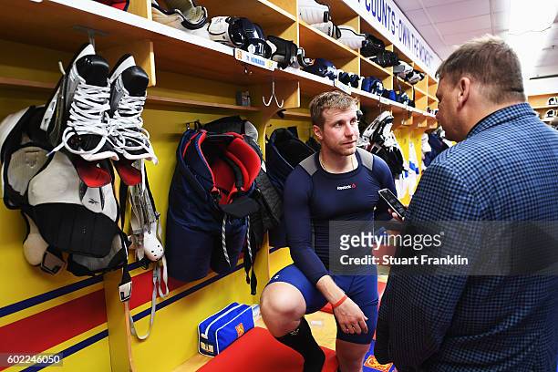 Leo Komarov of Finland looks on during an interview after practice for Team Finland at the Hartwell Areena on September 7, 2016 in Helsinki, Finland.