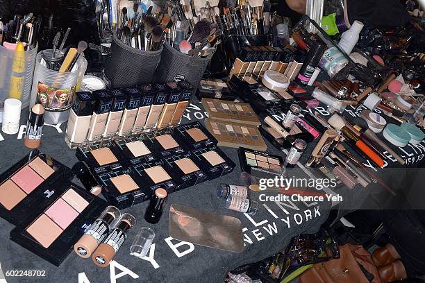 An atmosphere detail view, makeup table, backstage at the Jonathan Simkhai show during September 2016 MADE Fashion Week at The Arc, Skylight at...