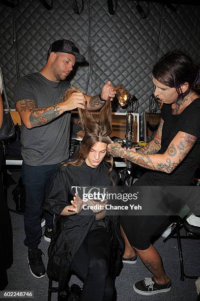 Model is seen backstage getting hair prepared for the Jonathan Simkhai show during September 2016 MADE Fashion Week at The Arc, Skylight at Moynihan...