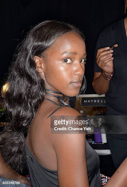 Leila Nda is seen backstage preparing for the Jonathan Simkhai show during September 2016 MADE Fashion Week at The Arc, Skylight at Moynihan Station...
