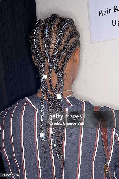 Model is seen backstage, hair detail, at the Jonathan Simkhai show during September 2016 MADE Fashion Week at The Arc, Skylight at Moynihan Station...