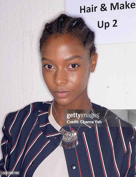 Model is seen backstage prepared for the Jonathan Simkhai show during September 2016 MADE Fashion Week at The Arc, Skylight at Moynihan Station on...