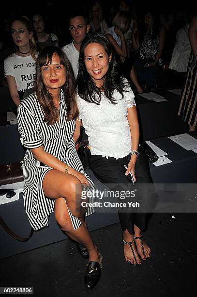 Roopal Patel and Mia Young are seen at the Jonathan Simkhai show during September 2016 MADE Fashion Week at The Arc, Skylight at Moynihan Station on...
