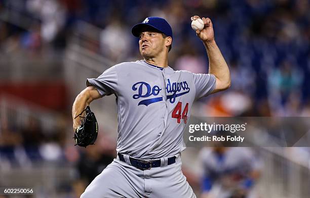 Rich Hill of the Los Angeles Dodgers pitches during the game against the Miami Marlins at Marlins Park on September 10, 2016 in Miami, Florida.