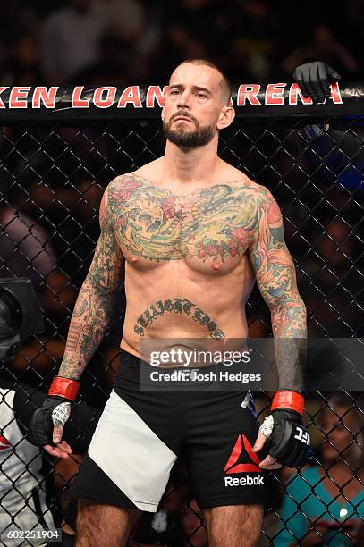 Phil 'CM Punk' Brooks stands in his corner prior to facing Mickey Gall in their welterweight bout during the UFC 203 event at Quicken Loans Arena on...