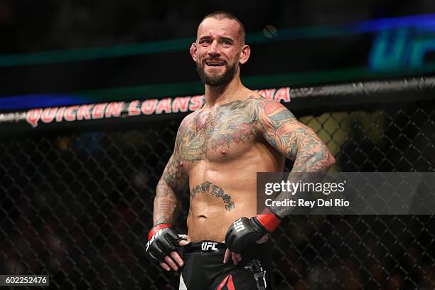 Punk reacts to his loss to Mickey Gall during the UFC 203 event at Quicken Loans Arena on September 10, 2016 in Cleveland, Ohio.