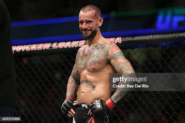 Punk reacts to his loss to Mickey Gall during the UFC 203 event at Quicken Loans Arena on September 10, 2016 in Cleveland, Ohio.