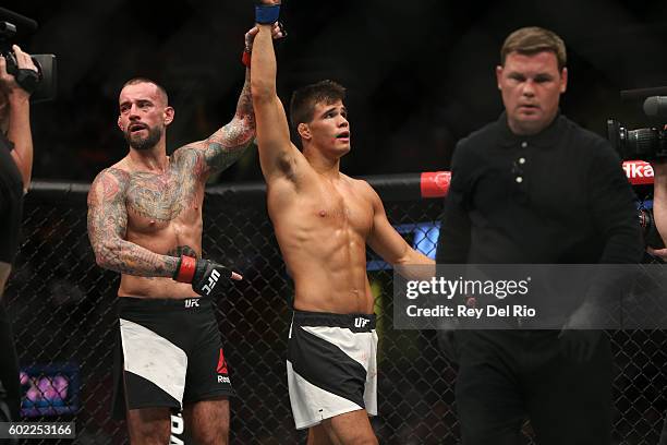 Mickey Gall celebrates his victory over CM Punk during the UFC 203 event at Quicken Loans Arena on September 10, 2016 in Cleveland, Ohio.