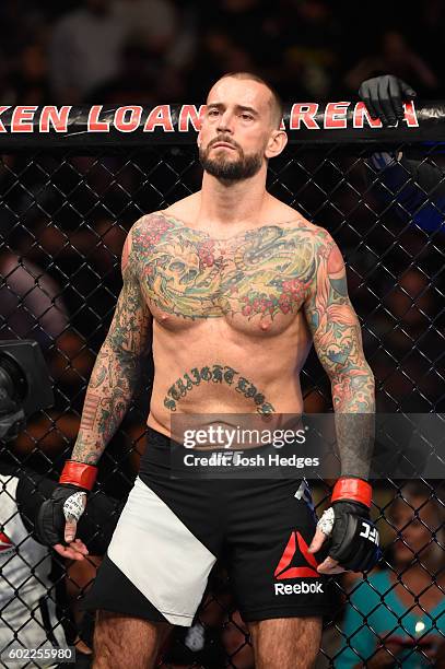 Phil 'CM Punk' Brooks stands in his corner prior to facing Mickey Gall in their welterweight bout during the UFC 203 event at Quicken Loans Arena on...