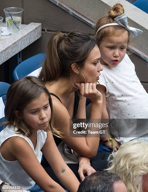 Jessica Alba with daughters Honor and Haven seen at USTA Billie Jean King National Tennis Center on September 10, 2016 in the Queens borough of New...