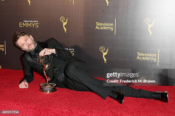 Personality Chris Hardwick, winner for Outstanding Achievement In Interactive Media  Social TV, poses in the press room at the 2016 Creative Arts...