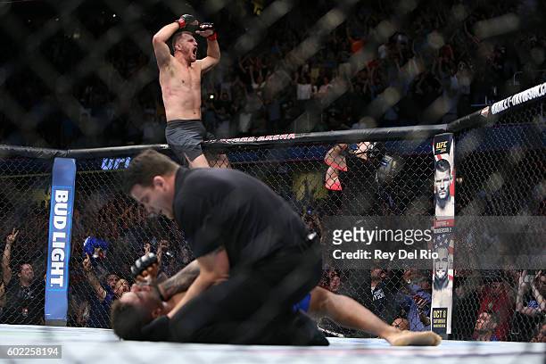 Stipe Miocic celebrates his victory over Alistair Overeem during the UFC 203 event at Quicken Loans Arena on September 10, 2016 in Cleveland, Ohio.