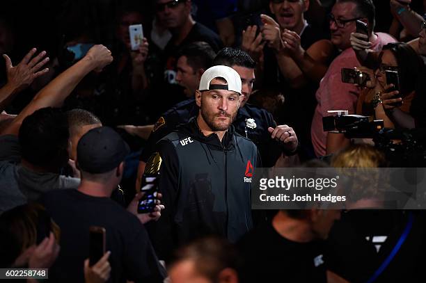 Stipe Miocic enters the arena prior to facing Alistair Overeem of The Netherlands in their UFC heavyweight championship bout during the UFC 203 event...