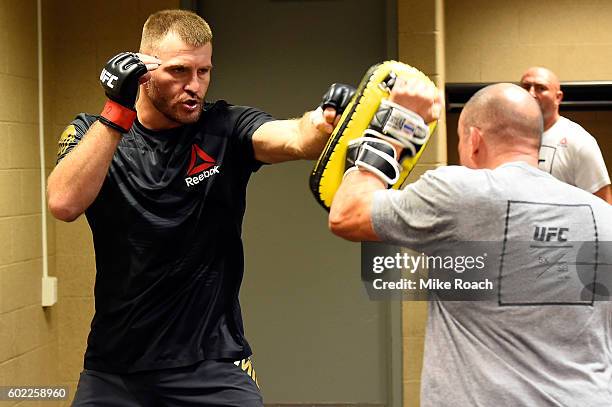 Stipe Miocic warms up backstage during the UFC 203 event at Quicken Loans Arena on September 10, 2016 in Cleveland, Ohio.