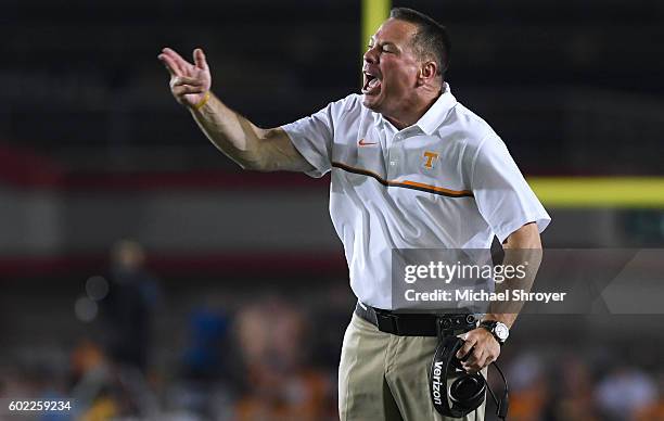 Head coach Butch Jones reacts in the second half of the game against the Virginia Tech Hokies at Bristol Motor Speedway on September 10, 2016 in...