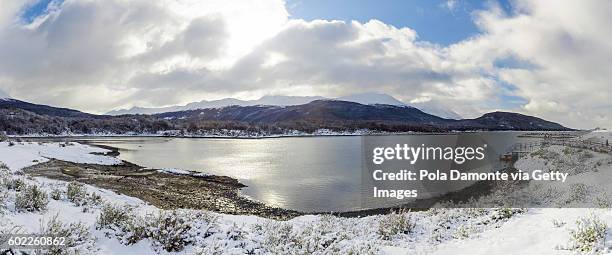 winter scenic view at bahía lapataia ushuaia, patagonia, argentina - bahía stock pictures, royalty-free photos & images