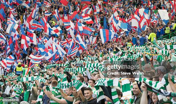 Celtic and Rangers fans at the start of the match between Celtic and Rangers during the Ladbrokes Scottish Premiership match between Celtic and...